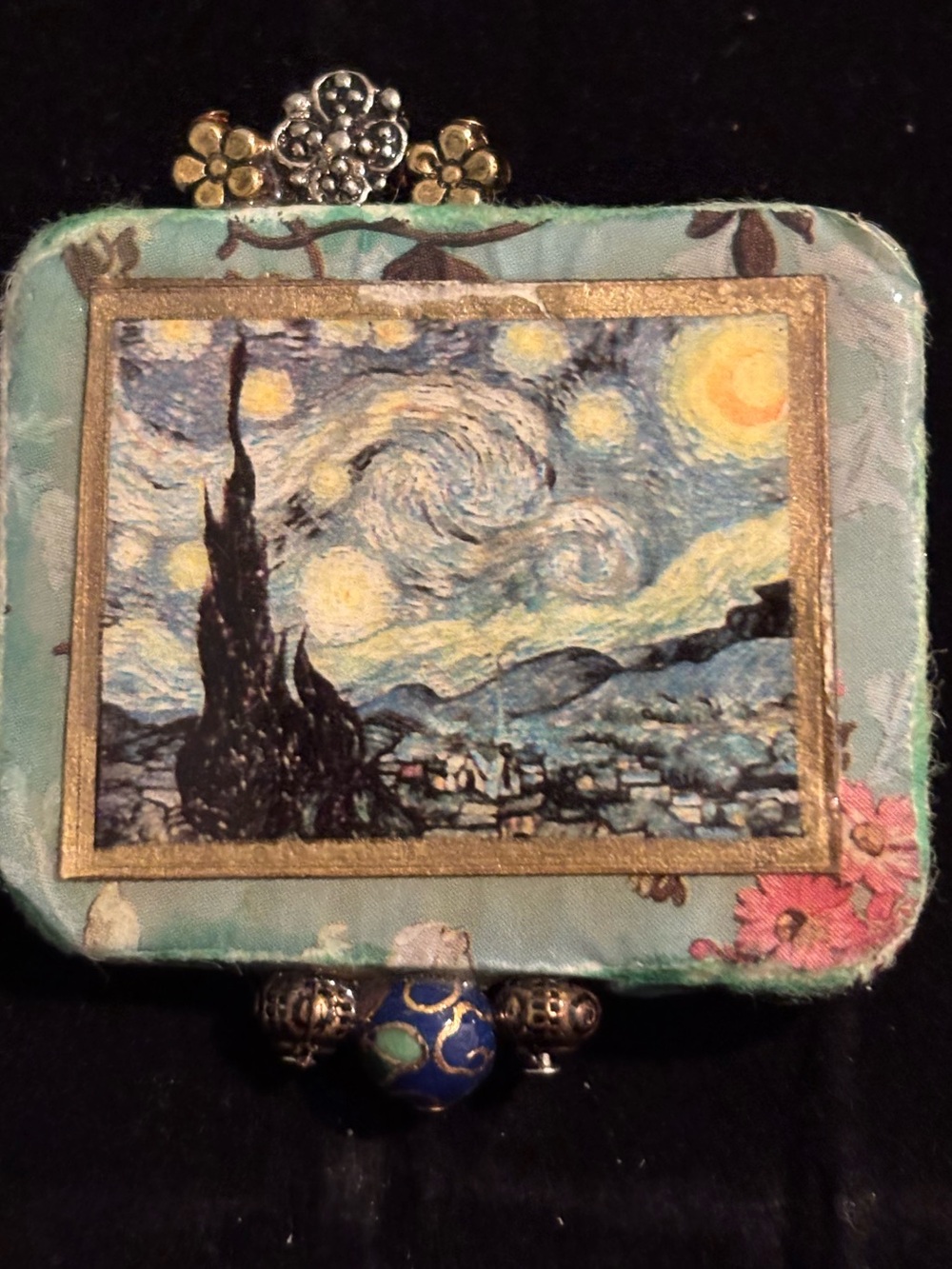 Vintage Starry Night Home Brooch Pin Teal and Gold